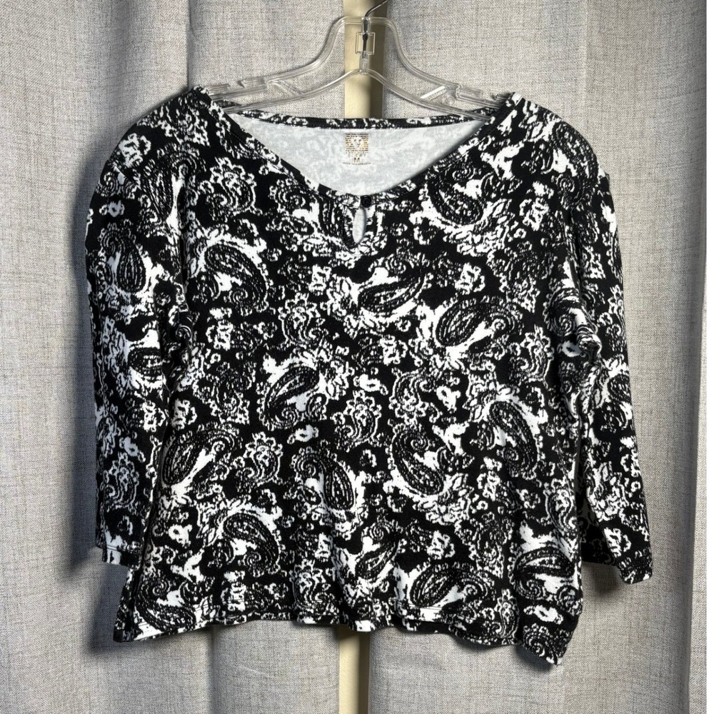 Anne Klein Sport Womens Black White Paisley Keyhole 3/4 Sleeve Knit Top M